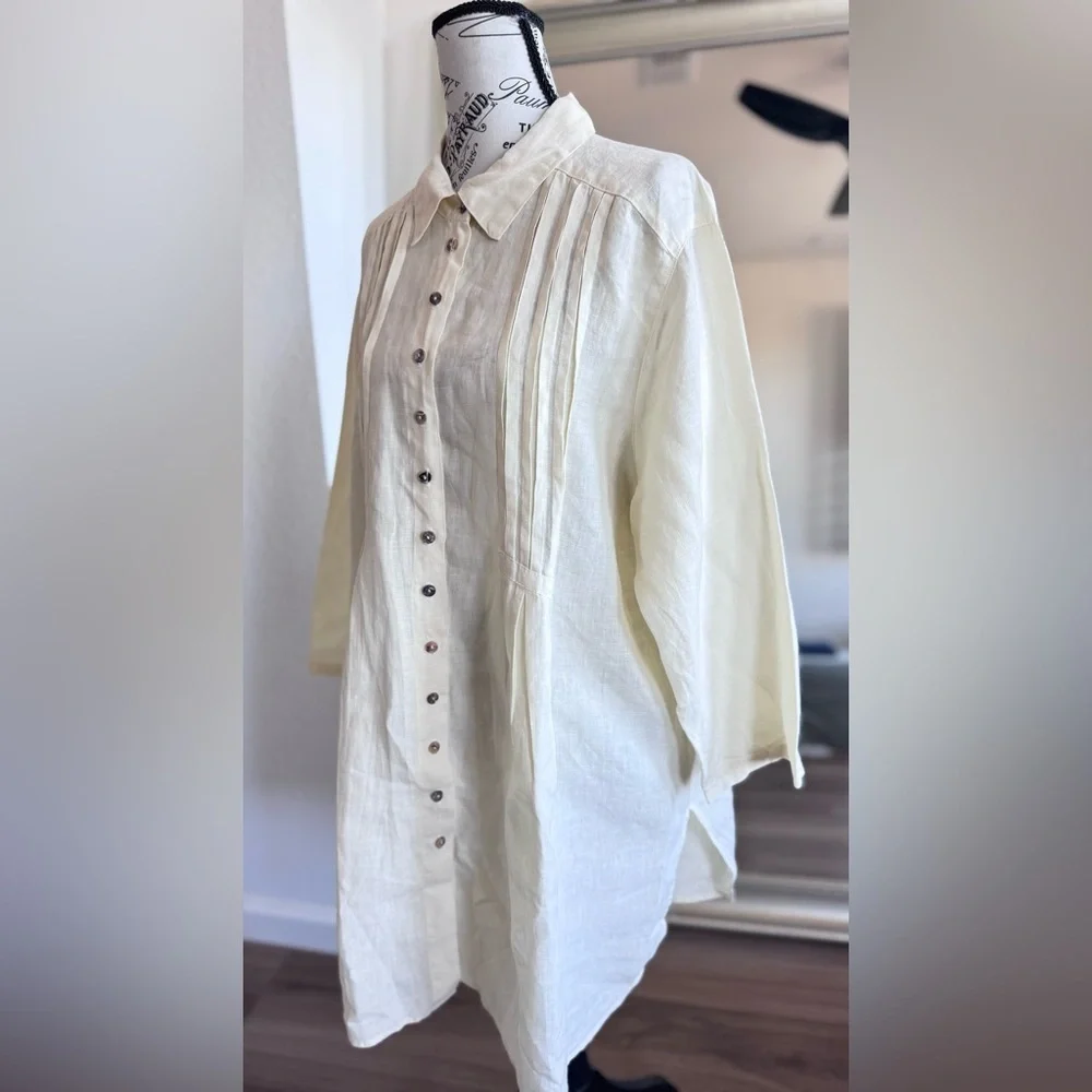 Click Color Me Cotton Beige Cream Linen Pin Tuck Peasant Shirt Dress Size 2XL - Picture 3 of 11